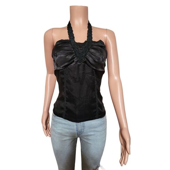 Timing black halter embroidery silk blouse L - Picture 1 of 8